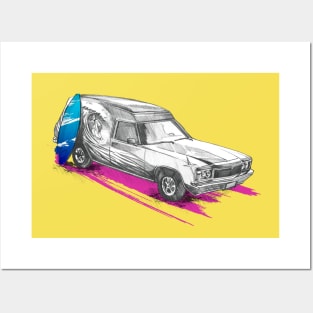 Retro surfer surfboard car Posters and Art